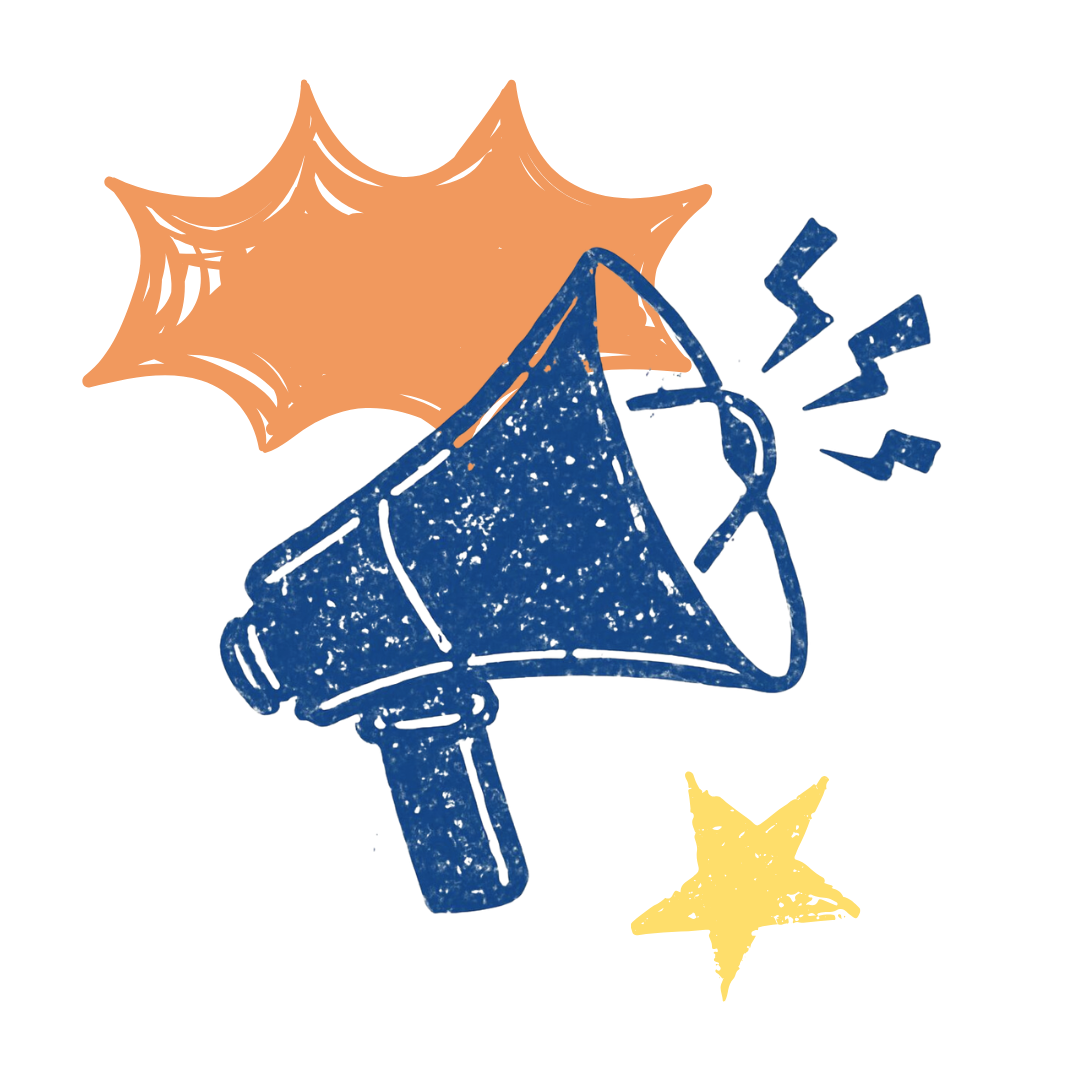 Blue megaphone with sound waves, orange burst, and yellow star.