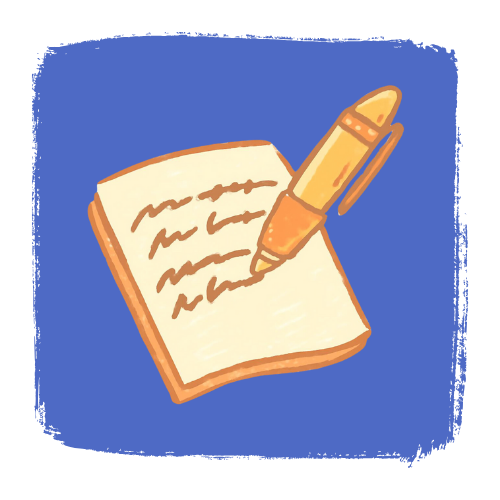 Orange pen writing on a notepad, set against a blue backdrop.