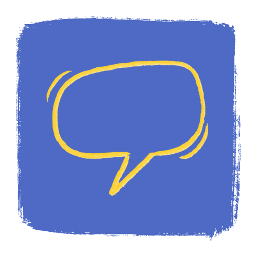 Yellow speech bubble, outlined in yellow, on blue background.
