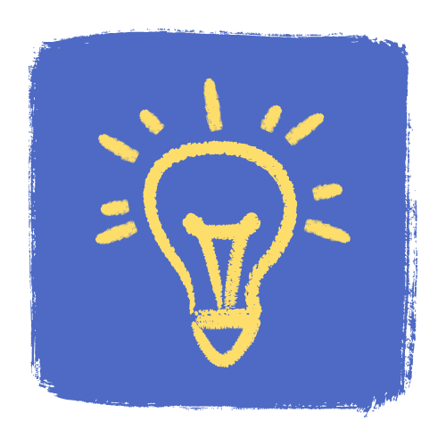Yellow lightbulb with rays on a blue background, symbolizing an idea.