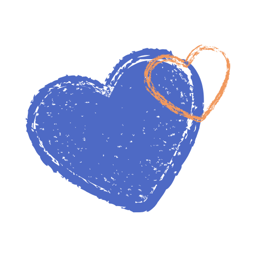 Blue heart with a smaller orange heart attached, both with a textured, crayon-like appearance.