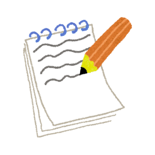 Notebook with blue spiral binding and orange pencil writing on a page.