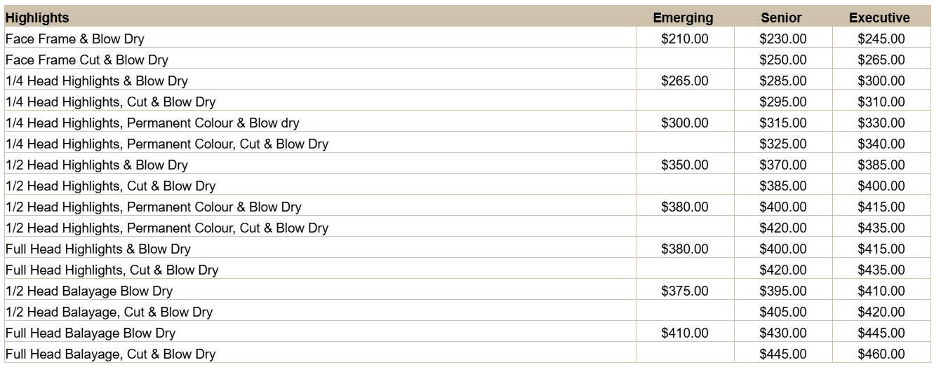 A service price list