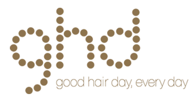 A logo for ghd good hair day with gold dots on a white background.