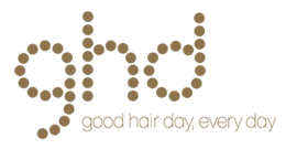 A logo for ghd good hair day with gold dots on a white background.