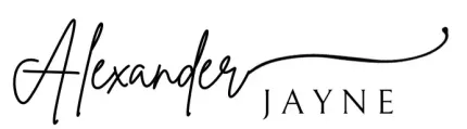 A handwritten logo for alexander jayne on a white background.