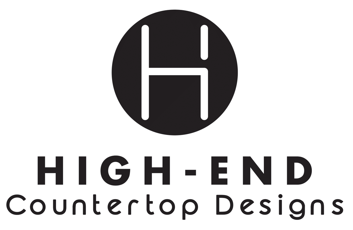Logo for High-End Countertop Designs, featuring a black circle with a white “H” inside and text below.