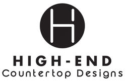 Logo for High-End Countertop Designs, featuring a black circle with a white “H” inside and text below.