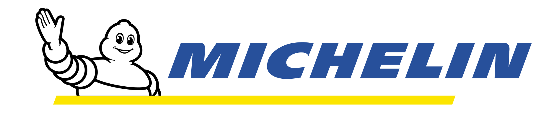 Michelin logo: a smiling white tire mascot waves next to blue 
