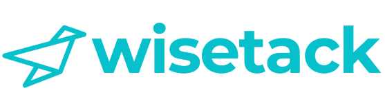 Logo for Wisetack, text in teal with a teal origami-like bird.