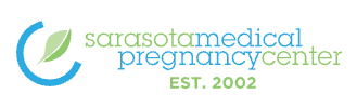 Logo for Sarasota Medical Pregnancy Center with a leaf and crescent symbol.