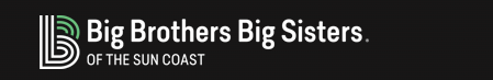 Big Brothers Big Sisters of the Sun Coast logo with a green and white symbol and text on a black background.