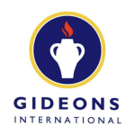 Gideons International logo: white jar with flame in blue circle, yellow border, and blue text below.