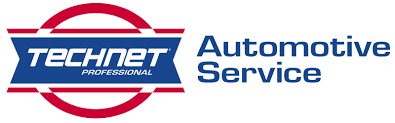 Logo for TechNet Automotive Service; red circle with blue and white lettering, words 
