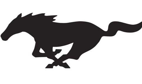 Silhouette of a black running mustang.