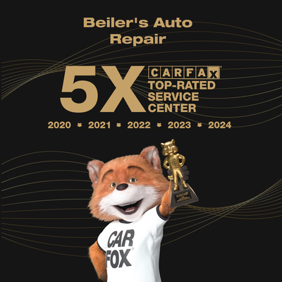 Beiler's Auto Repair ad. Carfax-endorsed. Fox mascot holds trophy. Gold and black background, dates 2020-2024.