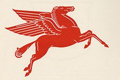 Red Pegasus with wings, leaping forward on a white background.