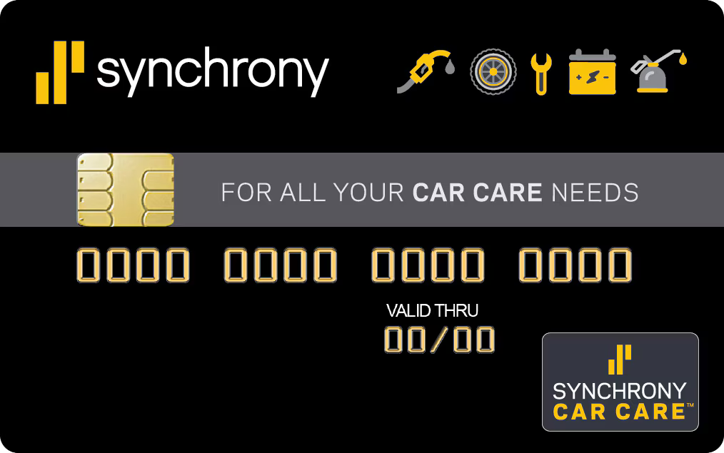 Black Synchrony Car Care credit card with gold lettering and chip, car care icons.