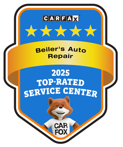 CARFAX Top-Rated Service Center award badge for Beiler's Auto Repair, featuring a fox mascot and five gold stars.