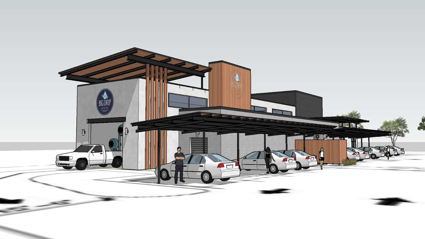 BIG DRIP AUTO SPA BUILDING MOCK UP - A ROW OF CARS WAIT UNDER AN AWNING WHILE ANOTHER DRIVES OUT OF THE CAR WASH.