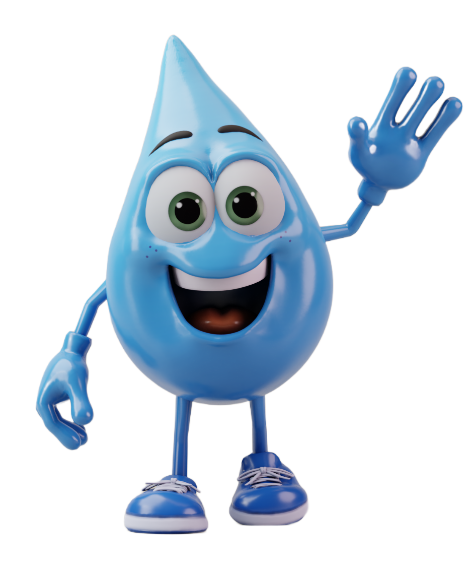 THE BIG DRIP AUTO SPA MASCOT - AN ANTHROPOMORPHIZED WATER DRIP HOLDS A WELCOME SIGN.