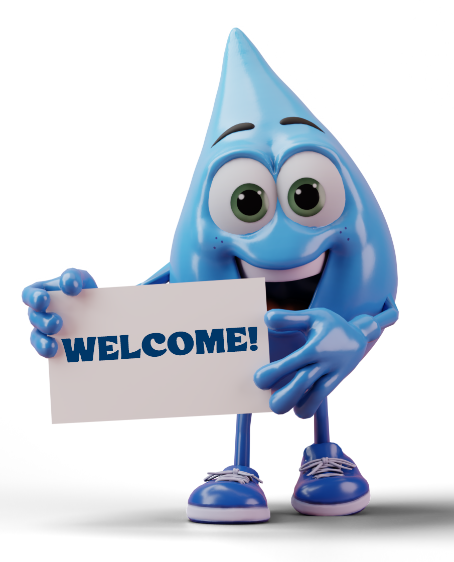 THE BIG DRIP AUTO SPA MASCOT - AN ANTHROPOMORPHIZED WATER DRIP HOLDS A WELCOME SIGN.