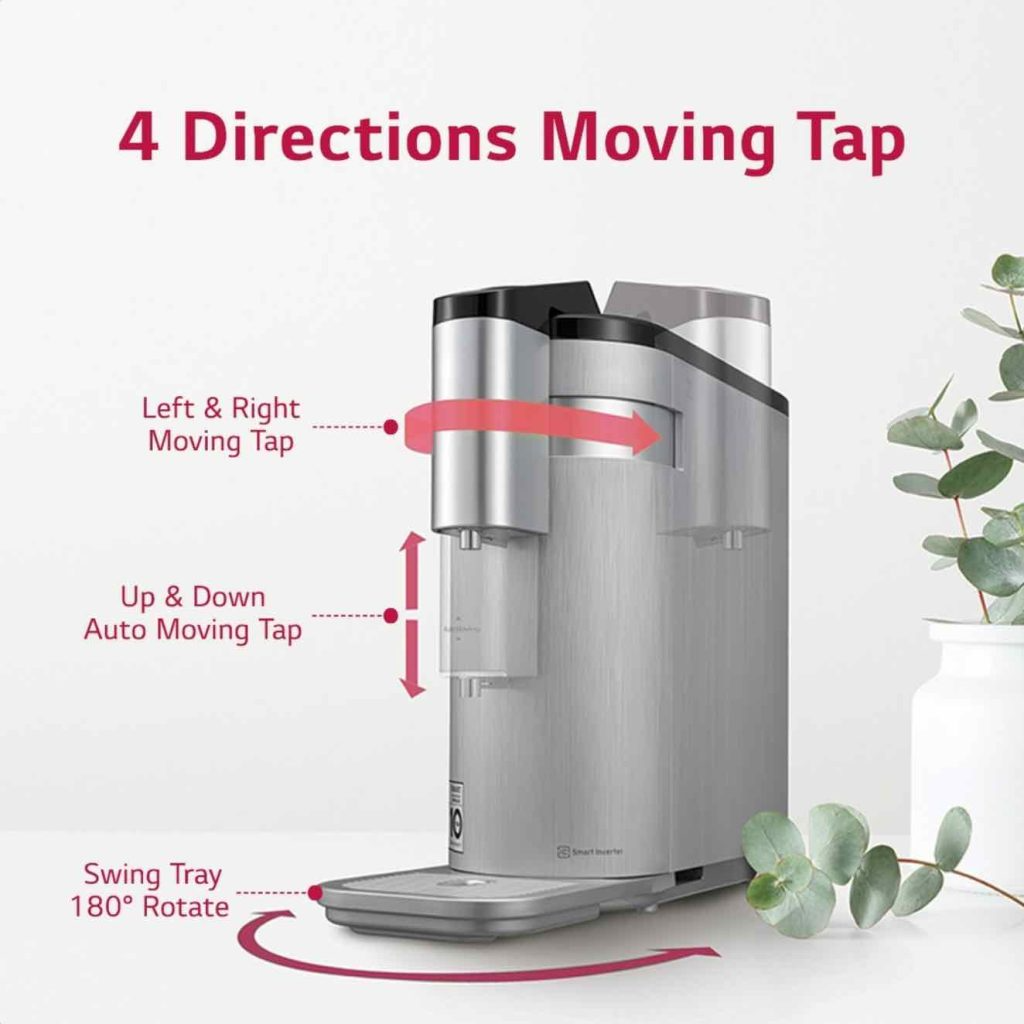 Diagram of a water dispenser with a movable tap and a rotating tray.