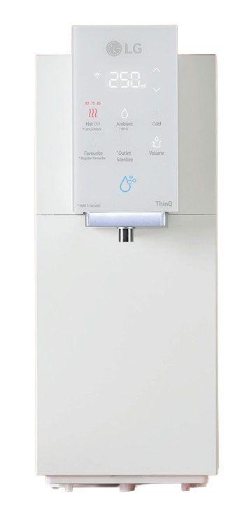 White LG water purifier with a digital display and dispensing spout.