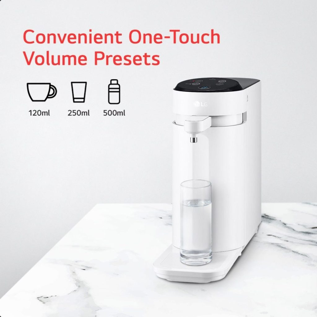White water dispenser with one-touch volume presets: 120ml, 250ml, 500ml. A glass fills with water.