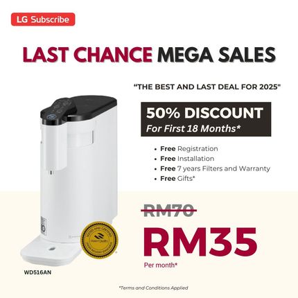 LG "Last Chance Mega Sales" ad: water purifier with 50% discount for 18 months. Includes free registration, installation, filters & gift.