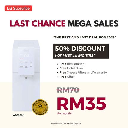 Advertisement for LG water purifier with 50% discount for 12 months, reduced from RM70 to RM35 monthly.