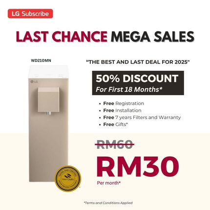 LG advertisement: 50% discount on a water purifier for 18 months, originally RM60, now RM30. Includes free installation, filters, and warranty.