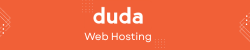 A logo for duda web hosting on an orange background