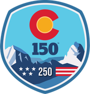 A badge that says 150 and 250 with mountains in the background