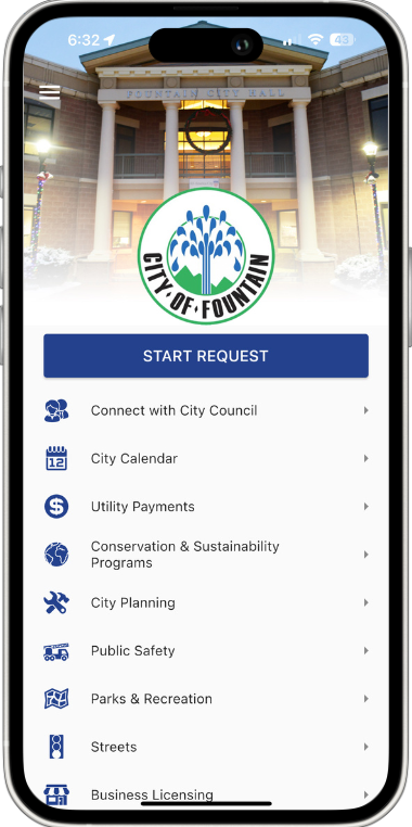 A cell phone with a city of fountain app on it.