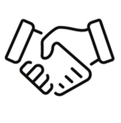 A line drawing of two hands shaking each other on a white background.