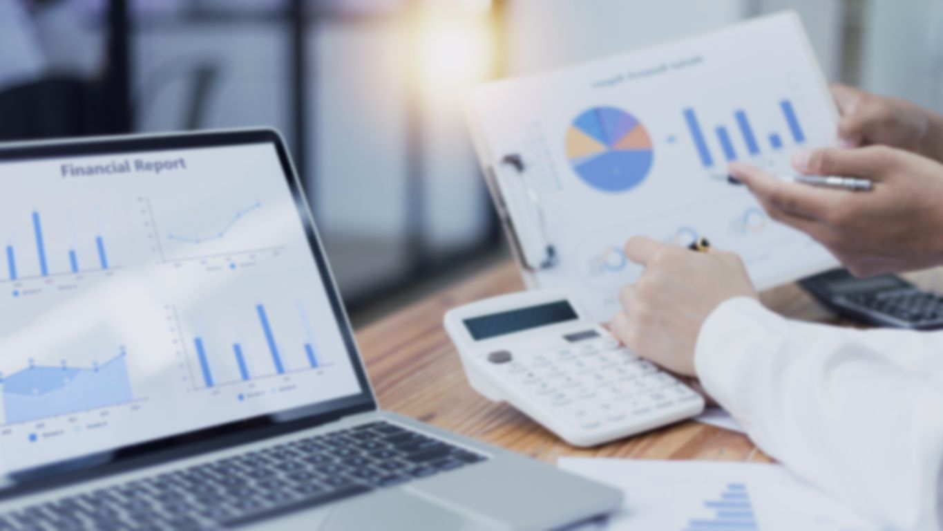 Two people are sitting at a table looking at a laptop and financial reporting tool.