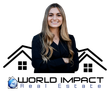 Woman with crossed arms in front of World Impact Real Estate logo. Two houses in the background.