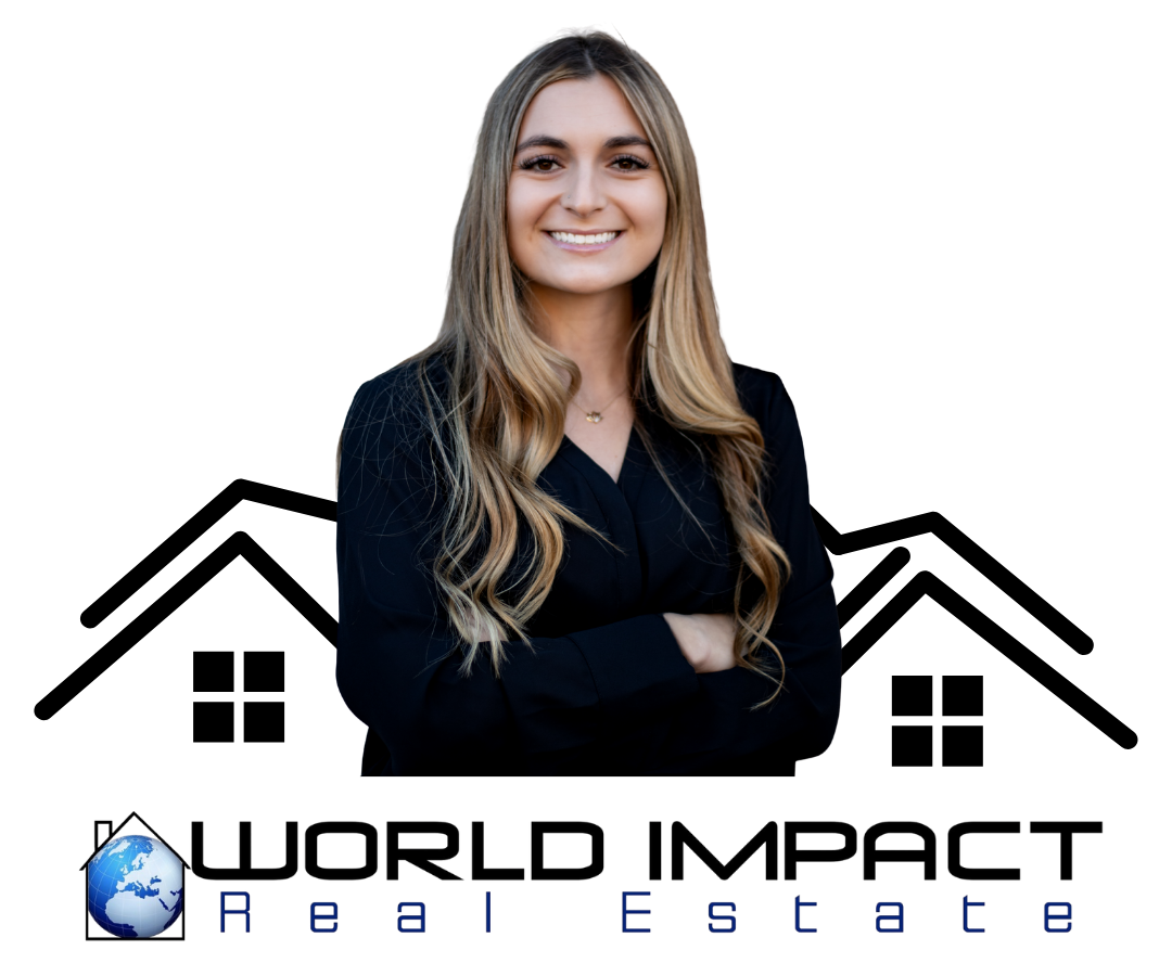Woman with crossed arms in front of World Impact Real Estate logo. Two houses in the background.