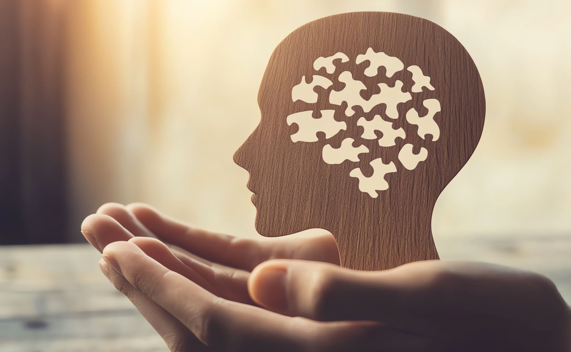 A person is holding a wooden head made of puzzle pieces.