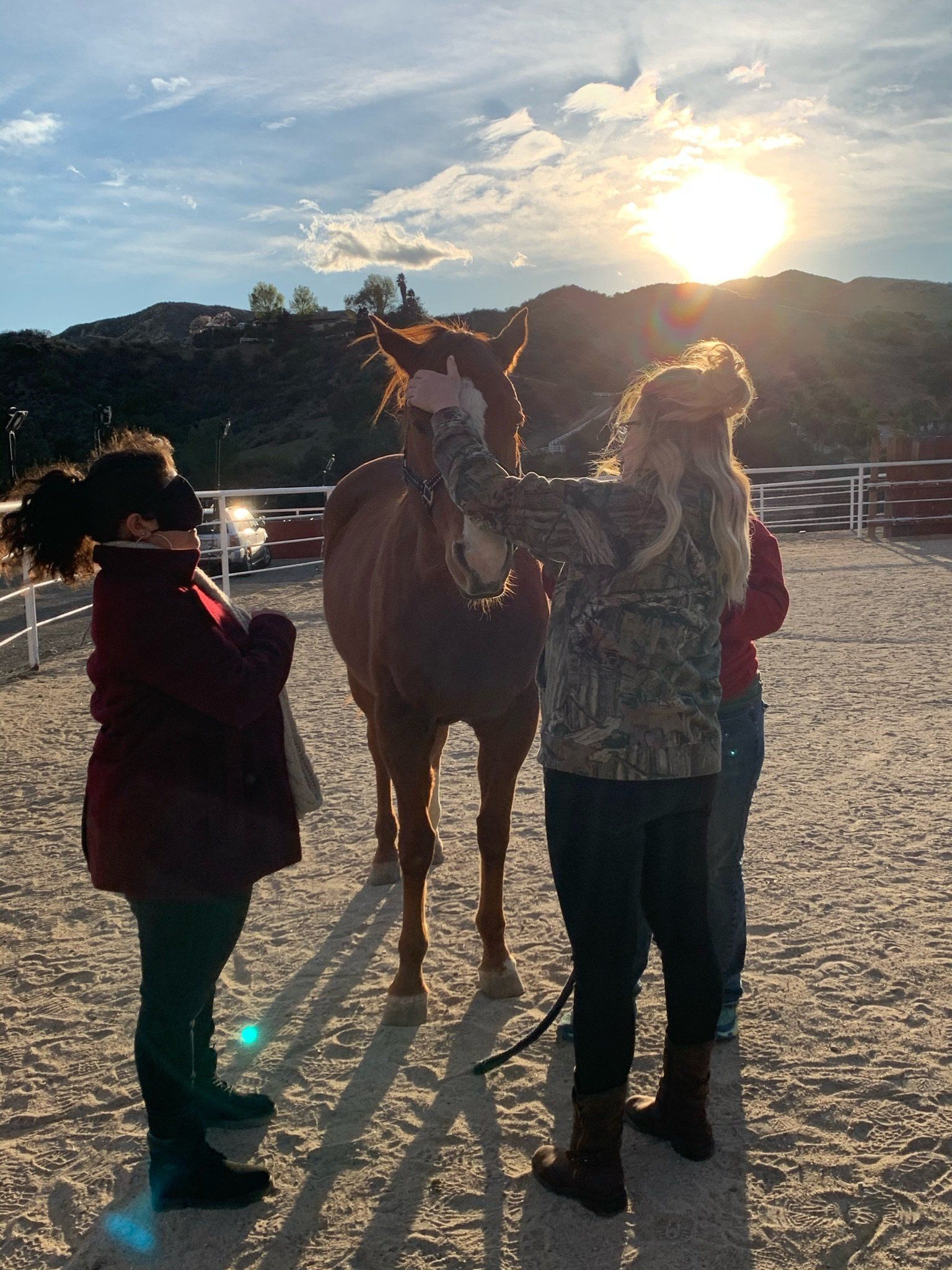 a group of people standing next to a horse in a dirt field
