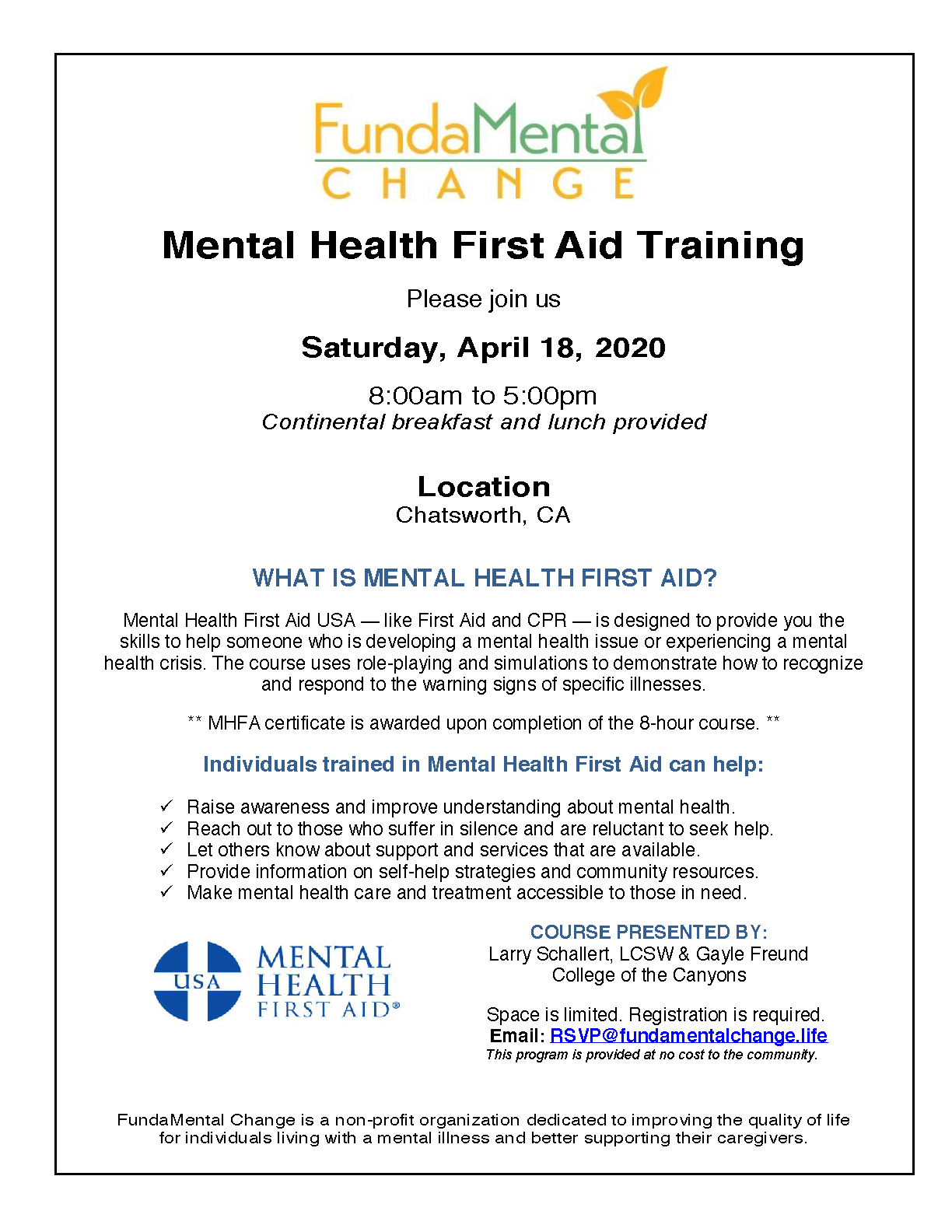 A flyer for a mental health first aid training.