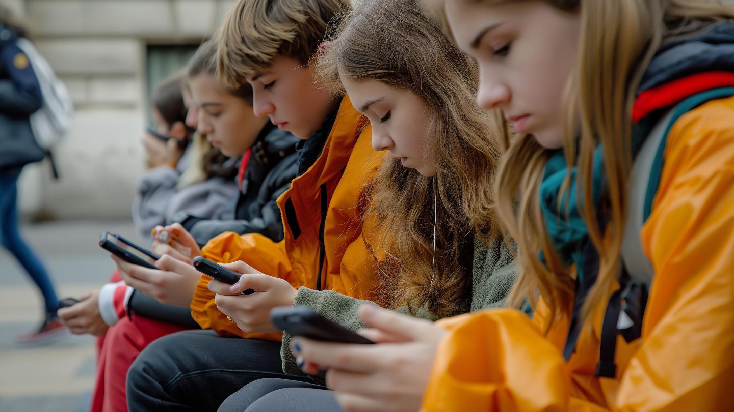 A group of young people are sitting on the sidewalk looking at their phones.