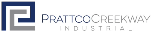 The logo for prattco creekway industrial is blue and gray