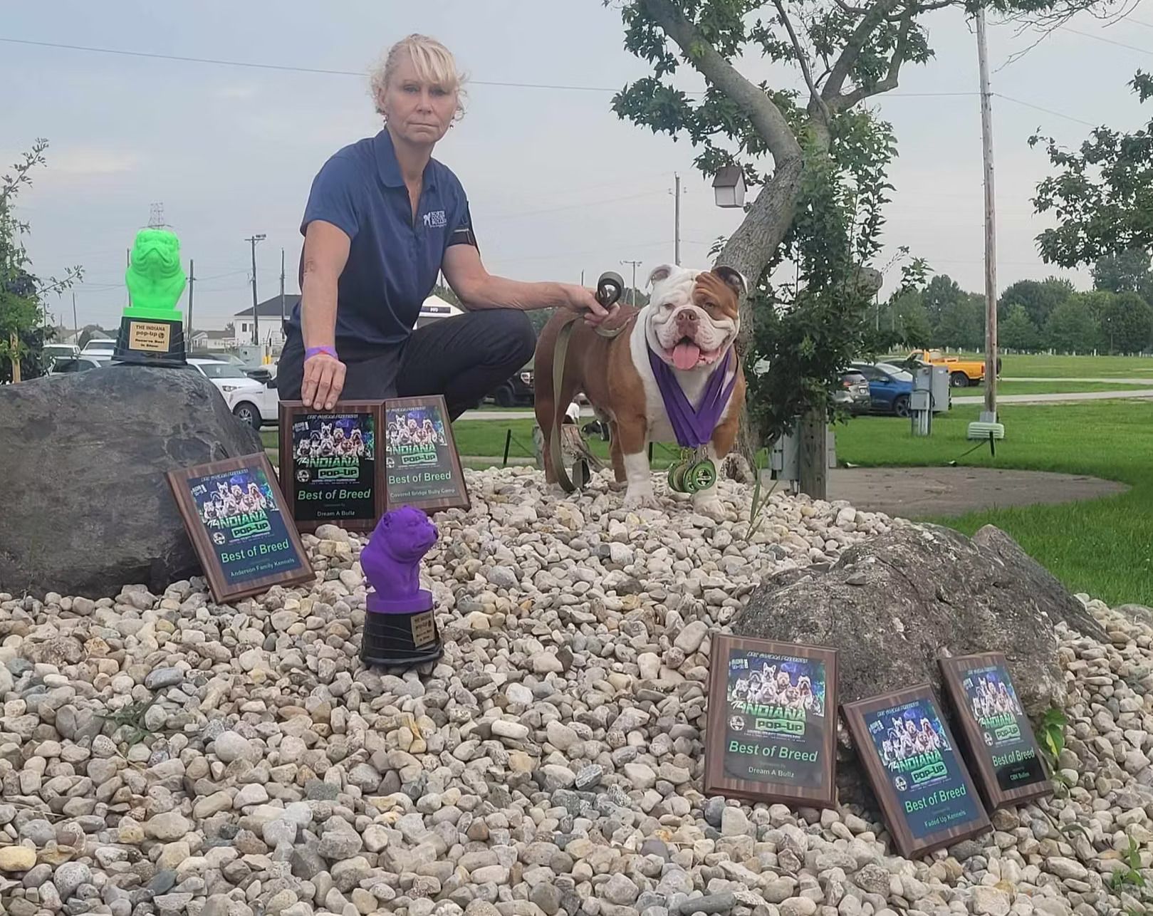 A woman is kneeling next to a dog on a pile of rocks