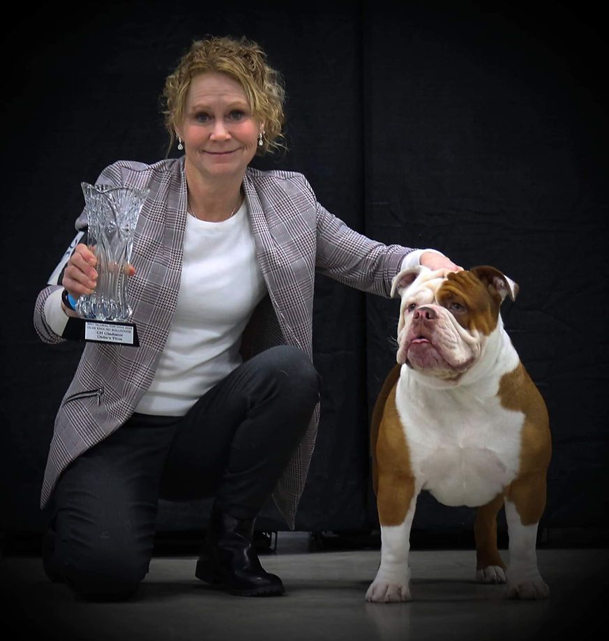 A woman kneeling down next to a brown and white dog holding a trophy