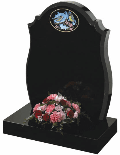A charming scene adds to the simple beauty of this shaped and chamfered Black granite memorial.