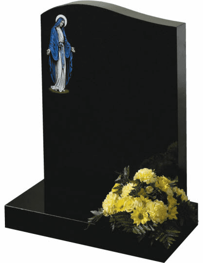 Polished Black granite half ogee shape with 'Our Lady' hand coloured.