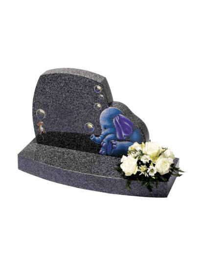 Gentle curves further enhance the comforting softness of the children's characters illustrated on the polished Impala granite memorial.