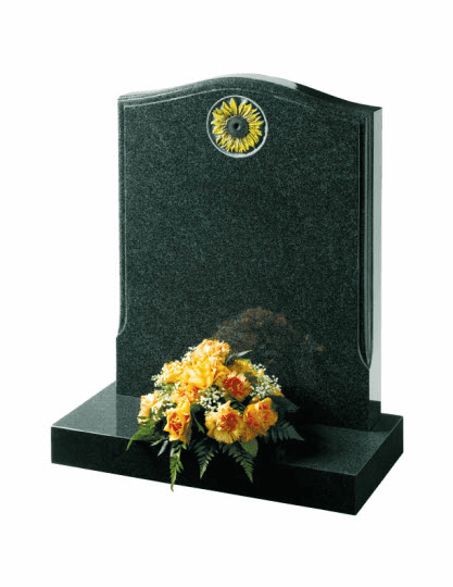 Evergreen granite with decorative moulded edge and carved sunflower.